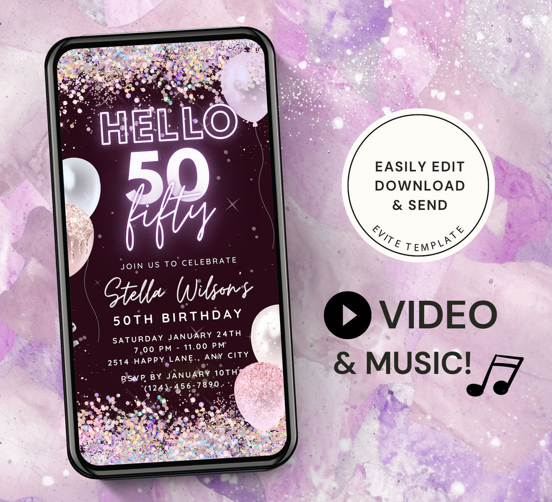 Hello 50 Fifty, Birthday Party Invitation Template, Animated Electronic Party Invite, Editable Sparkle Purple Video Neon Digital e-vite - Visley Printables