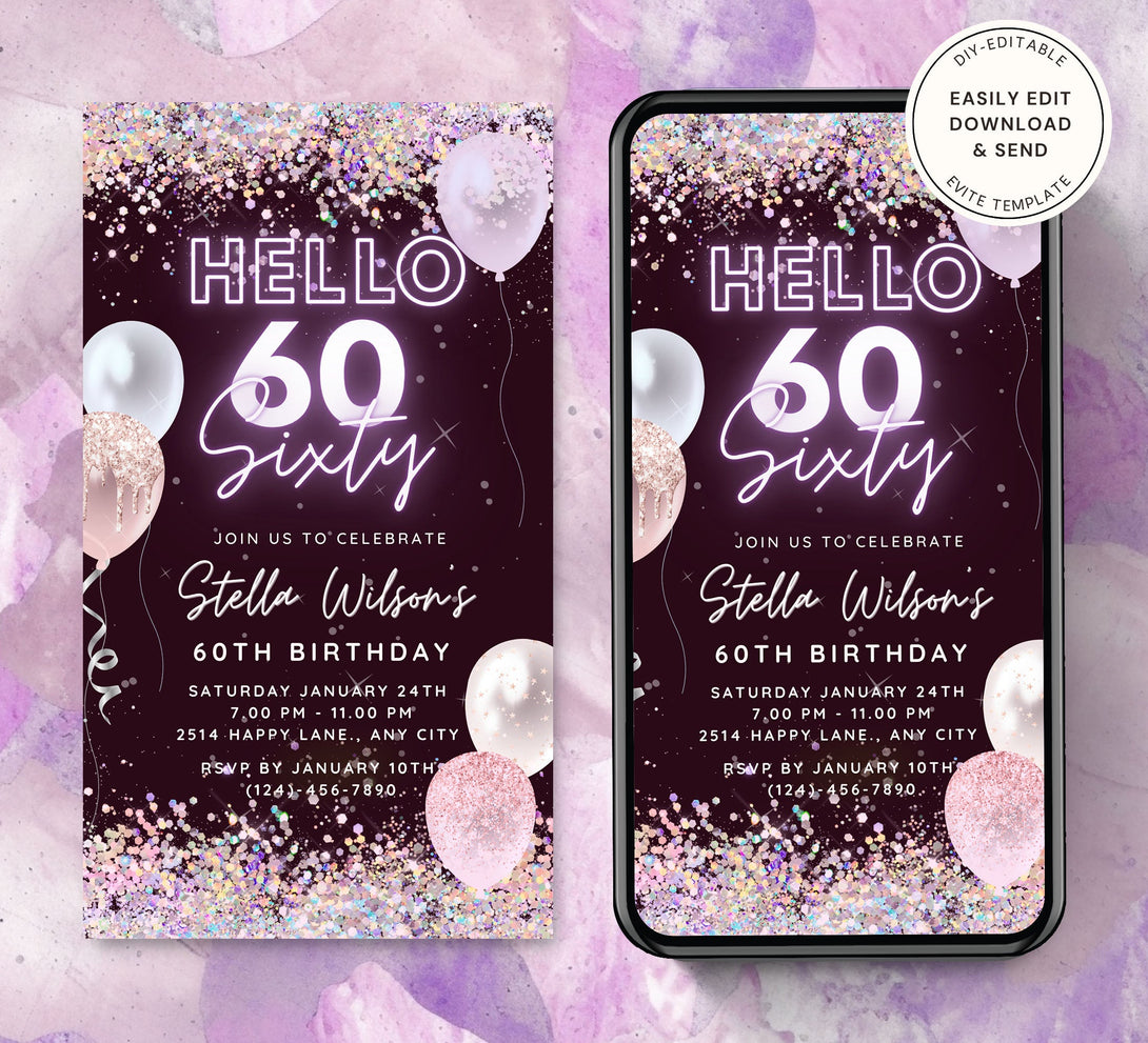 Hello 60 Sixty, Birthday Party Invitation Template, Animated Electronic Party Invite, Editable Sparkle Purple Video Neon Digital e-vite - Visley Printables