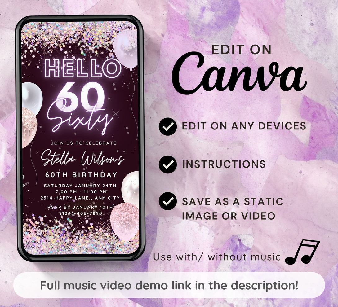 Hello 60 Sixty, Birthday Party Invitation Template, Animated Electronic Party Invite, Editable Sparkle Purple Video Neon Digital e-vite - Visley Printables