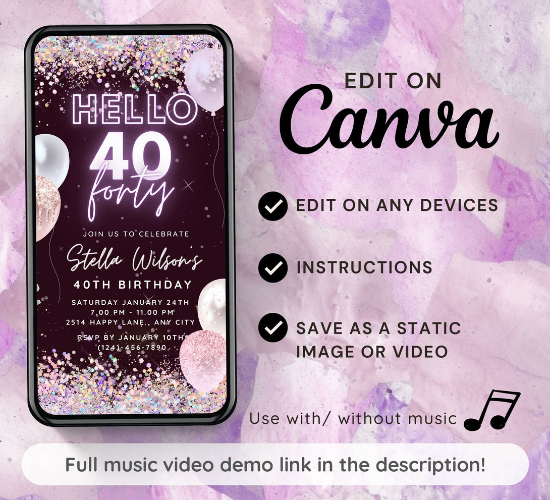 Hello Forty 40 th, Birthday Party Invitation Template, Animated Electronic Party Invite, Editable Sparkle Purple Video Neon Digital e-vite - Visley Printables