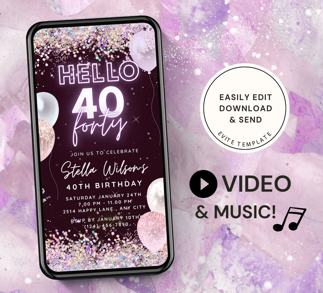 Hello Forty 40 th, Birthday Party Invitation Template, Animated Electronic Party Invite, Editable Sparkle Purple Video Neon Digital e-vite - Visley Printables