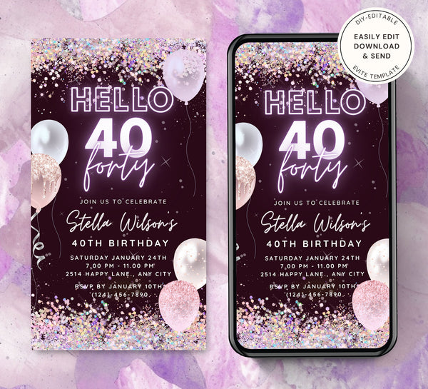 Hello Forty 40 th, Birthday Party Invitation Template, Animated Electronic Party Invite, Editable Sparkle Purple Video Neon Digital e-vite - Visley Printables