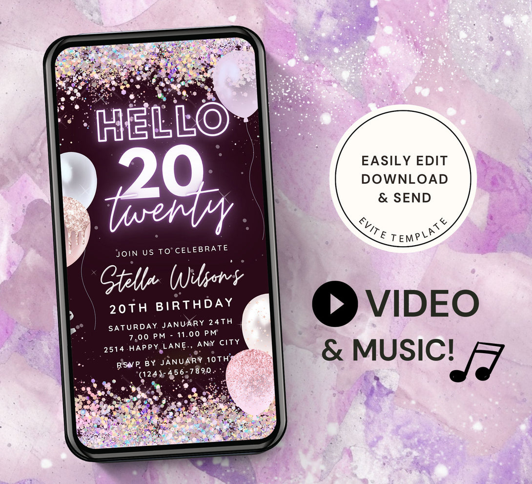 Hello Twenty 20 th, Birthday Party Invitation Template, Animated Electronic Party Invite, Editable Sparkle Purple Video Neon Digital e-vite - Visley Printables