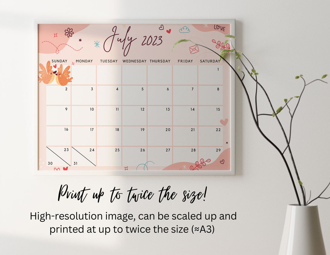 July 2023 Calendar, Lovely & Sweet Valentine&#39;s Day Love Birds - Joyful Printable Fillable Editable Calendar Planner - Instant Download - Visley Printables
