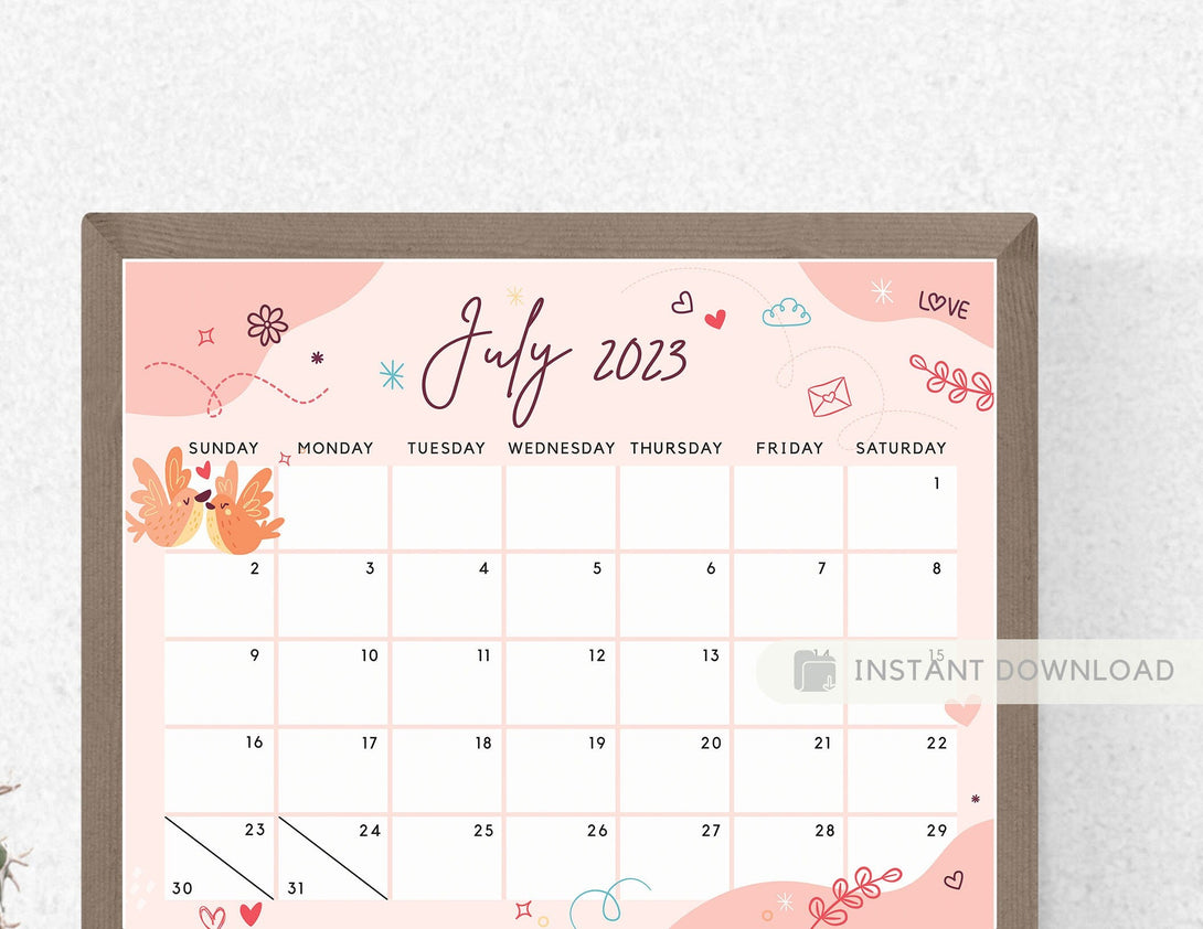 July 2023 Calendar, Lovely & Sweet Valentine&#39;s Day Love Birds - Joyful Printable Fillable Editable Calendar Planner - Instant Download - Visley Printables