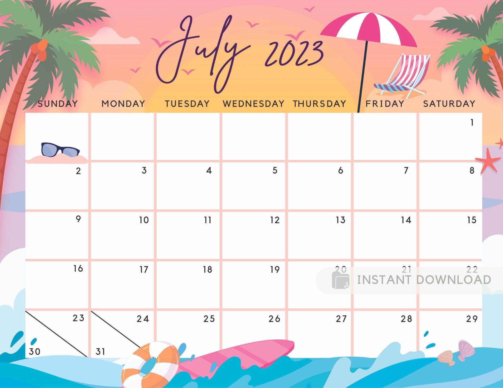 July 2023 Calendar Printable Summer Planner Calendar Cute Pink Sunset ...