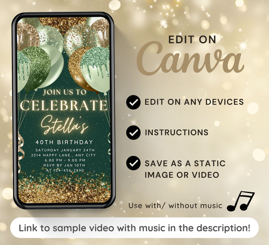 Let's Celebrate Party Invite for any Events, Editable Video Template, Birthday invitation for any Age | Green & Gold E-vite - Visley Printables