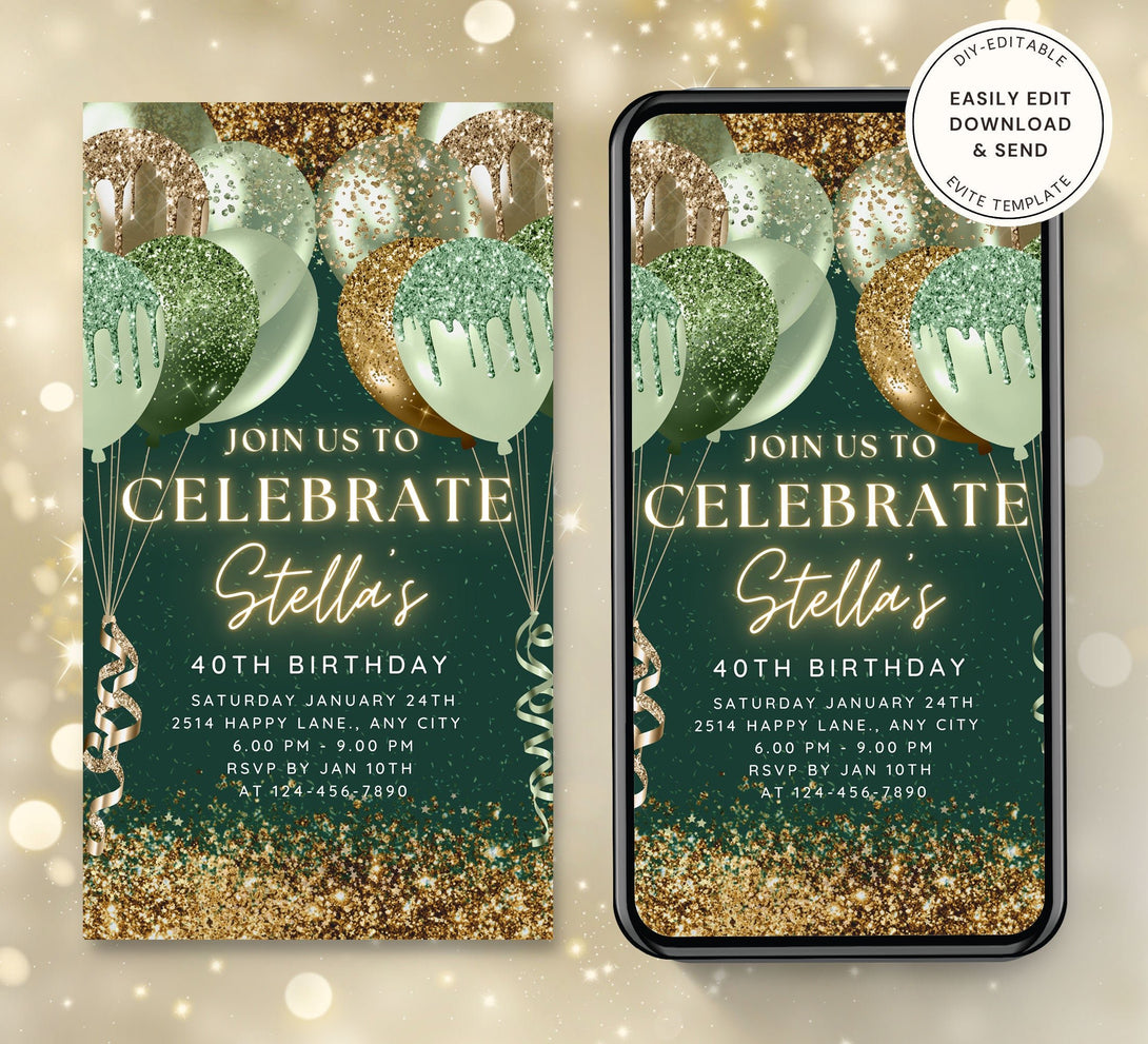 Let's Celebrate Party Invite for any Events, Editable Video Template, Birthday invitation for any Age | Green & Gold E-vite - Visley Printables