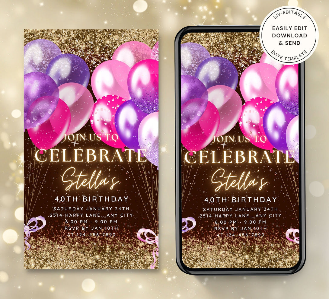 Let's Celebrate Party Invite for any Events, Editable Video Template, Birthday invitation for any Age | Purple Golden E-vite - Visley Printables