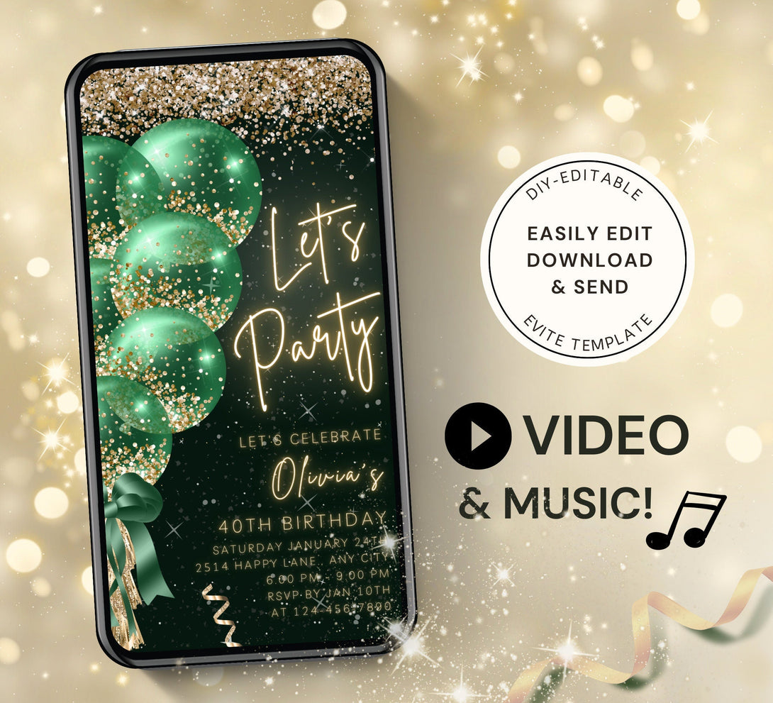 Let's Party Animated Invite for any Event Celebration, Editable Video Template, Birthday invitation, any Age | Bright Green on Black E-vite - Visley Printables