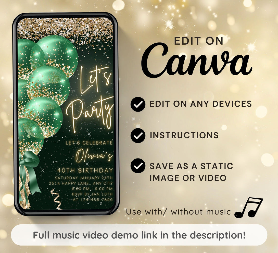Let's Party Animated Invite for any Event Celebration, Editable Video Template, Birthday invitation, any Age | Bright Green on Black E-vite - Visley Printables