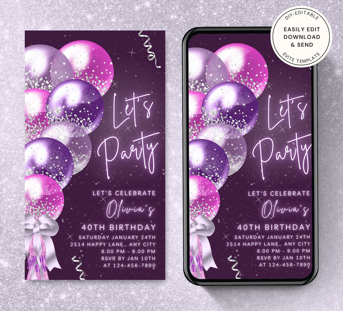 Let's Party Animated Invite for any Event Celebration, Editable Video Template, Birthday invitation, any Age | Shade of Purple Party E-vite - Visley Printables
