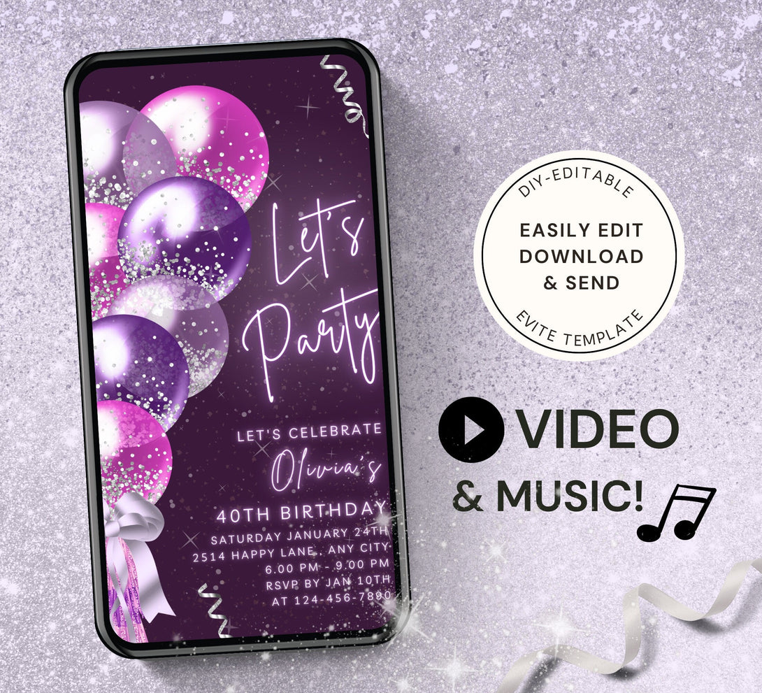 Let's Party Animated Invite for any Event Celebration, Editable Video Template, Birthday invitation, any Age | Shade of Purple Party E-vite - Visley Printables