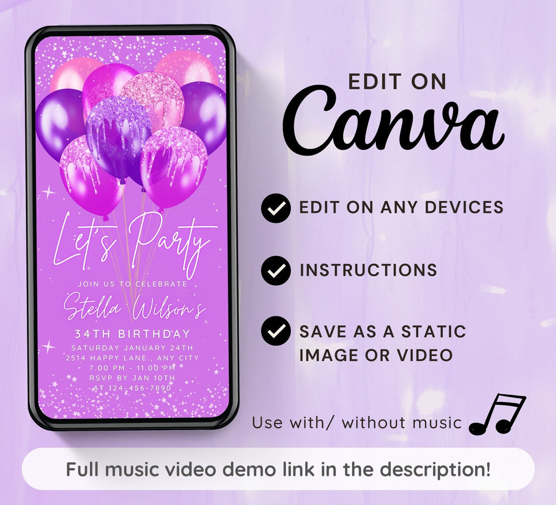 Let's Party Animated Invite for any Event Celebration, Editable Video Template, Birthday invitation for any Age | Bright Purple E-vite - Visley Printables