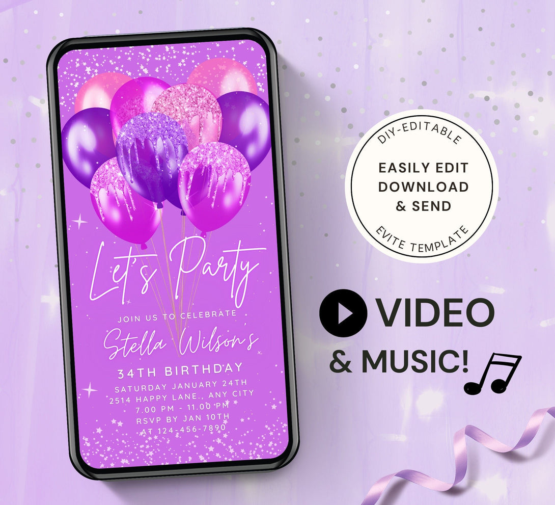 Let's Party Animated Invite for any Event Celebration, Editable Video Template, Birthday invitation for any Age | Bright Purple E-vite - Visley Printables