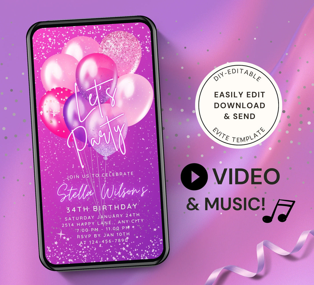 Let's Party Animated Invite for any Event Celebration, Editable Video Template, Birthday invitation for any Age | Bright Purple Pink E-vite - Visley Printables
