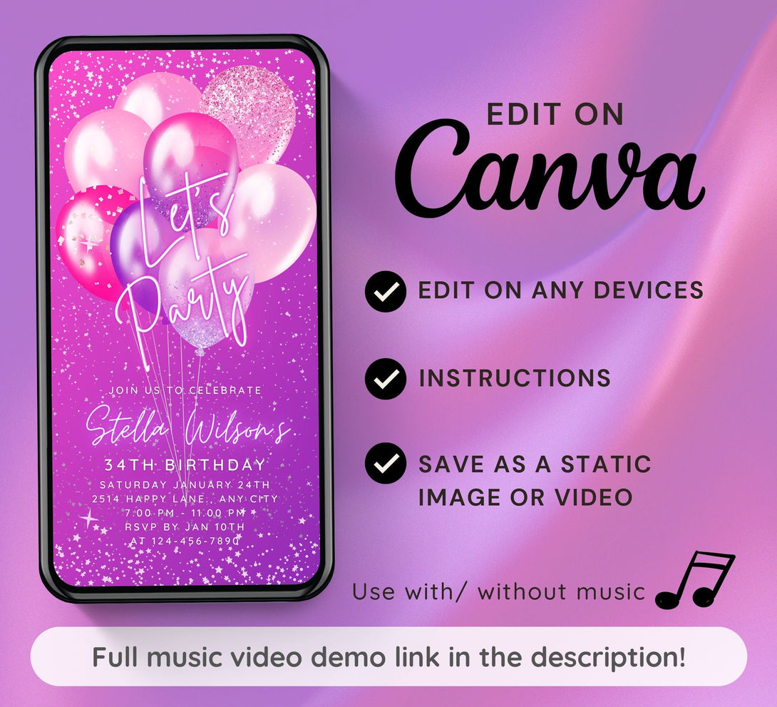 Let's Party Animated Invite for any Event Celebration, Editable Video Template, Birthday invitation for any Age | Bright Purple Pink E-vite - Visley Printables