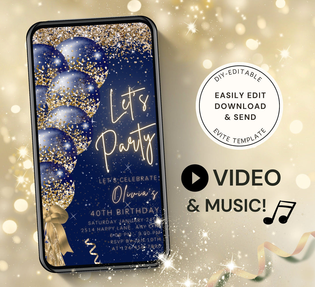 Let's Party Animated Invite for any Event Celebration, Editable Video Template, Birthday invitation for any Age | Dark Blue Gold E-vite - Visley Printables