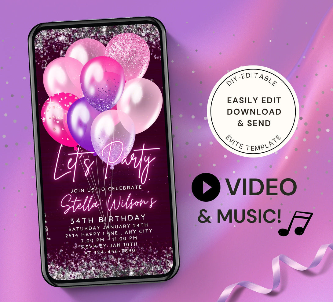 Let's Party Animated Invite for any Event Celebration, Editable Video Template, Birthday invitation for any Age | Hot Purple Pink E-vite - Visley Printables