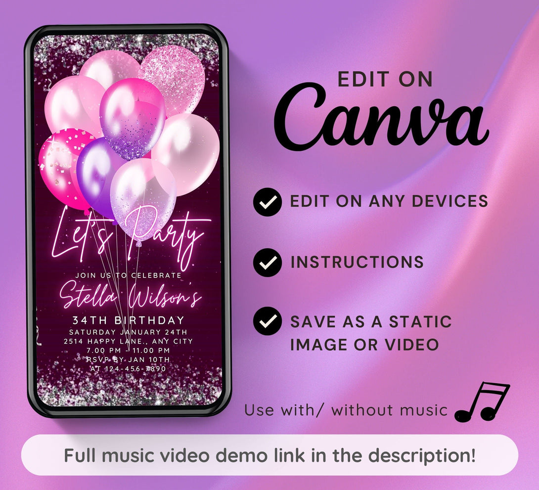 Let's Party Animated Invite for any Event Celebration, Editable Video Template, Birthday invitation for any Age | Hot Purple Pink E-vite - Visley Printables