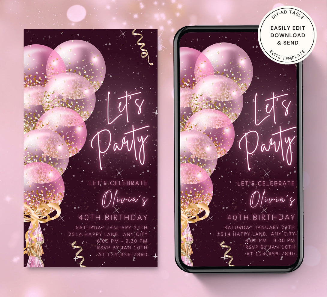 Let's Party Animated Invite for any Event Celebration, Editable Video Template, Birthday invitation for any Age | Rose Gold Pink E-vite - Visley Printables