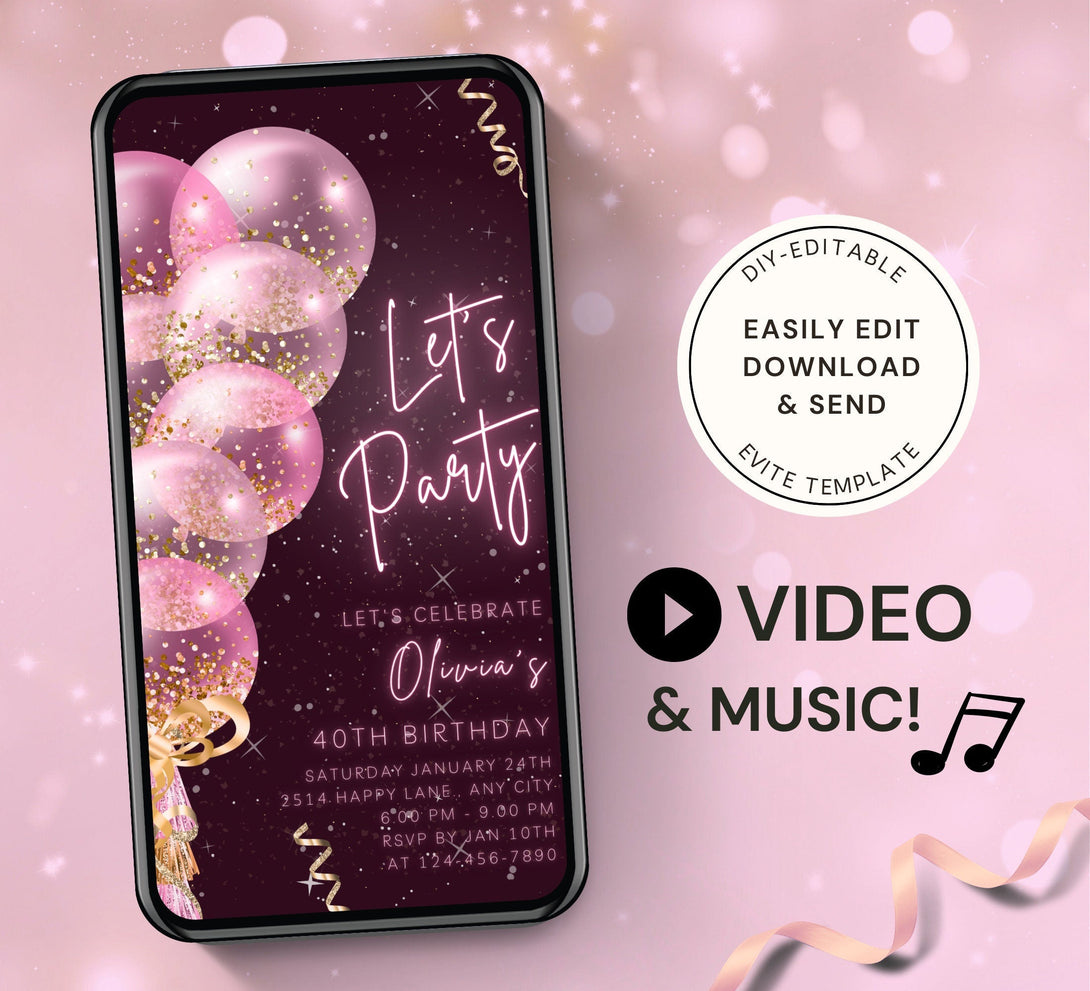 Let's Party Animated Invite for any Event Celebration, Editable Video Template, Birthday invitation for any Age | Rose Gold Pink E-vite - Visley Printables