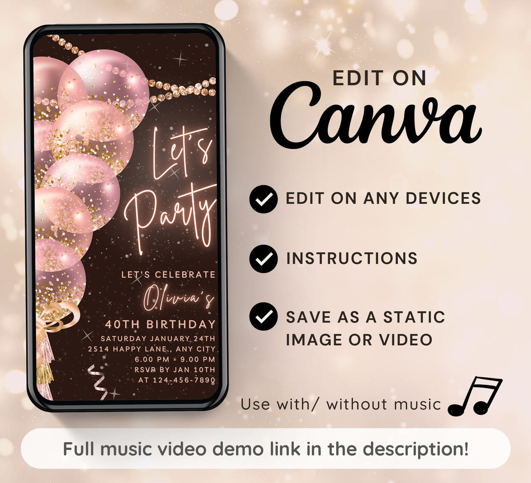 Let's Party Animated Invite for any Event Celebration, Editable Video Template, Birthday invitation for any Age | Rosegold Party E-vite - Visley Printables