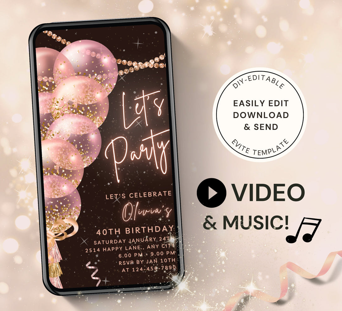 Let's Party Animated Invite for any Event Celebration, Editable Video Template, Birthday invitation for any Age | Rosegold Party E-vite - Visley Printables