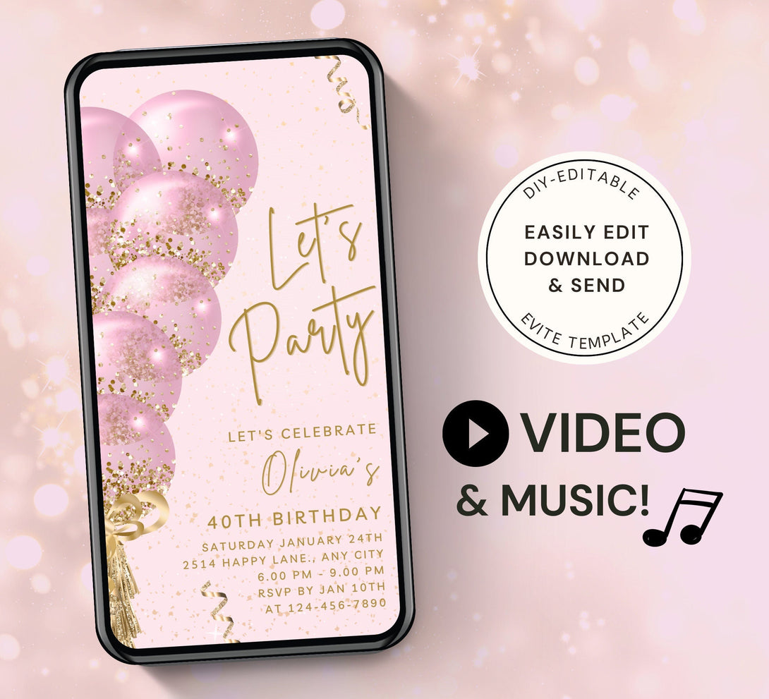 Let's Party Animated Invite for any Event Celebration, Editable Video Template, Birthday invitation for any Age | Sweet Pink & Gold E-vite - Visley Printables