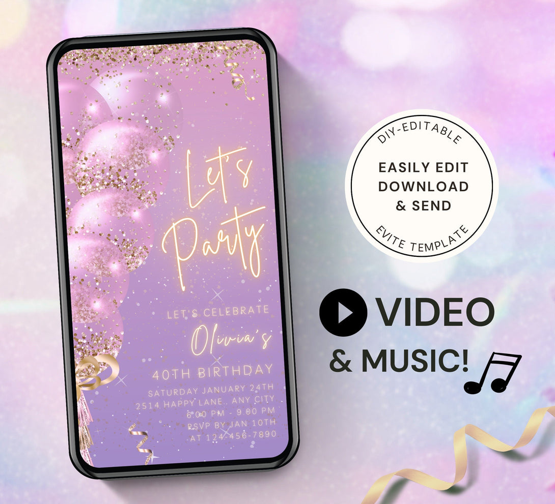 Let's Party Animated Invite for any Event Celebration, Editable Video Template, Birthday invitation for any Age | Sweet Purple E-vite - Visley Printables