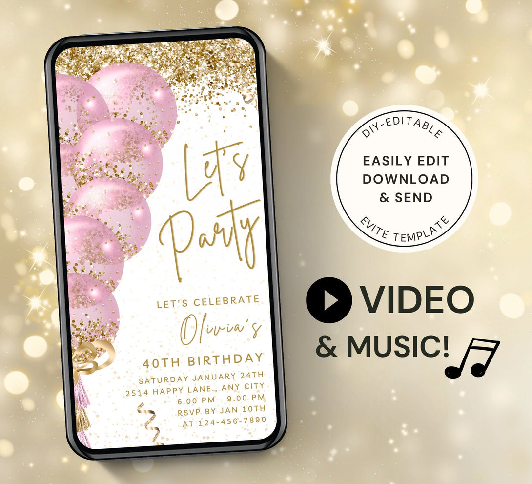 Let's Party Animated Invite for any Event Celebration, Editable Video Template, Birthday invitation for any Age | White Pink E-vite - Visley Printables