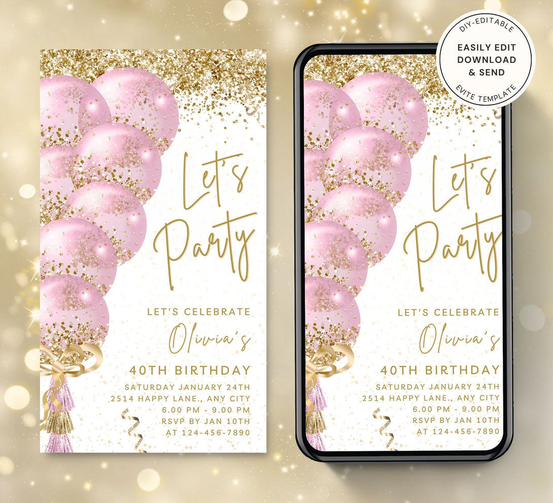 Let's Party Animated Invite for any Event Celebration, Editable Video Template, Birthday invitation for any Age | White Pink E-vite - Visley Printables