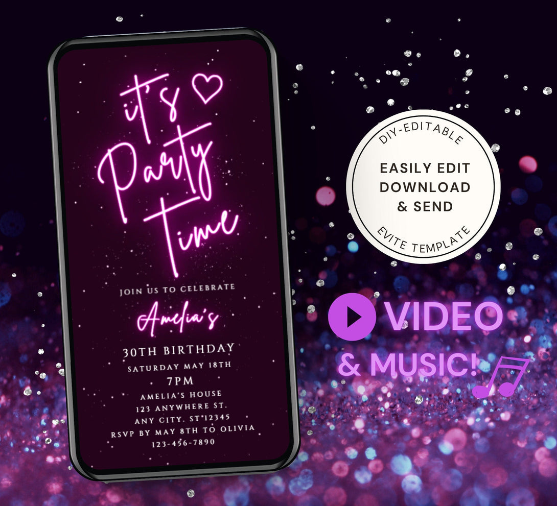 Neon Pink Sparkle Birthday Party Invitation, Animated Birthday Party Invite, Editable Electronic Bday Dinner, Pink Video Digital e-vite DB01 - Visley Printables