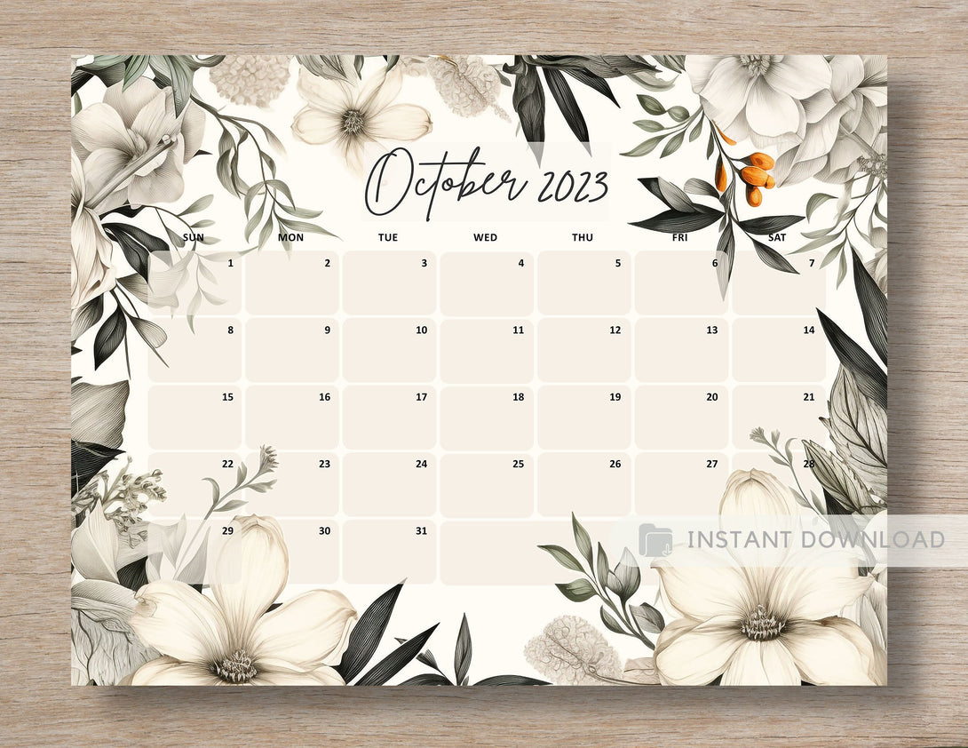 October 2023 Calendar Printable Planner Beautiful Vintage Flowers Month of Oct Calendar Planner Insert Template Black and White - Download - Visley Printables