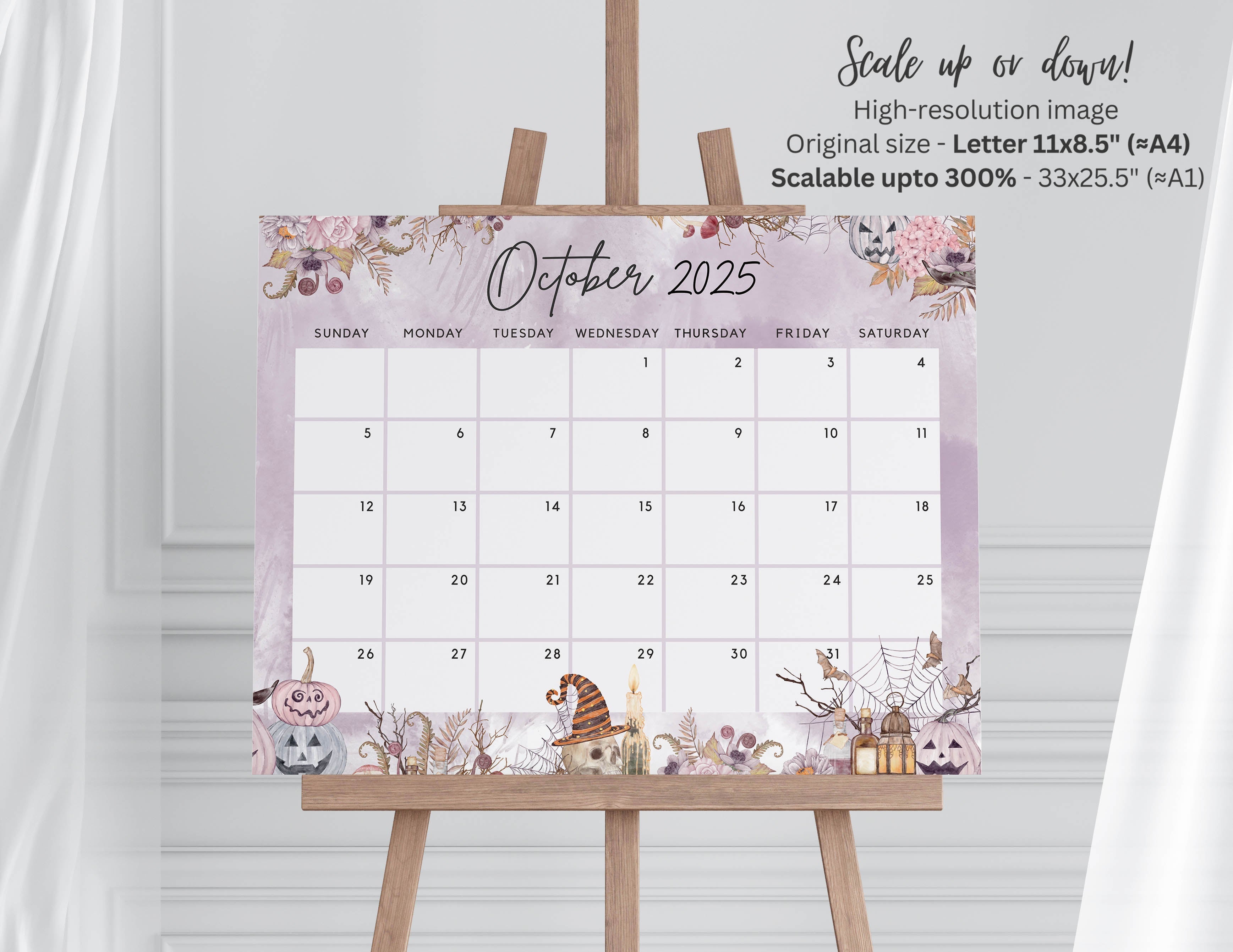 October 2025 Calendar, Spooky Floral Halloween Sweet Pumpkins Printabl