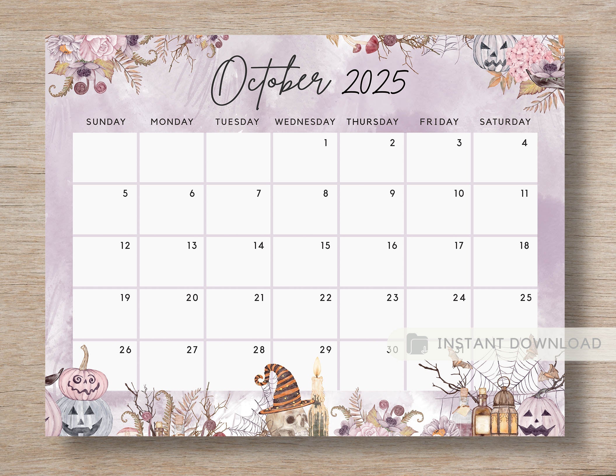 October 2025 Calendar, Spooky Floral Halloween Sweet Pumpkins Printabl