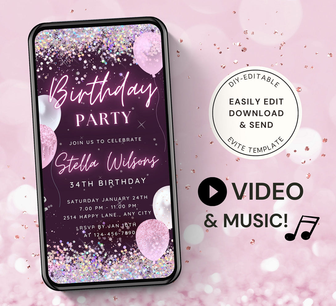 Pink Balloons Neon Birthday Party Invitation, Animated Birthday Party Invite, Editable Bday Dinner, Video Colorful Glitter Digital e-vite - Visley Printables