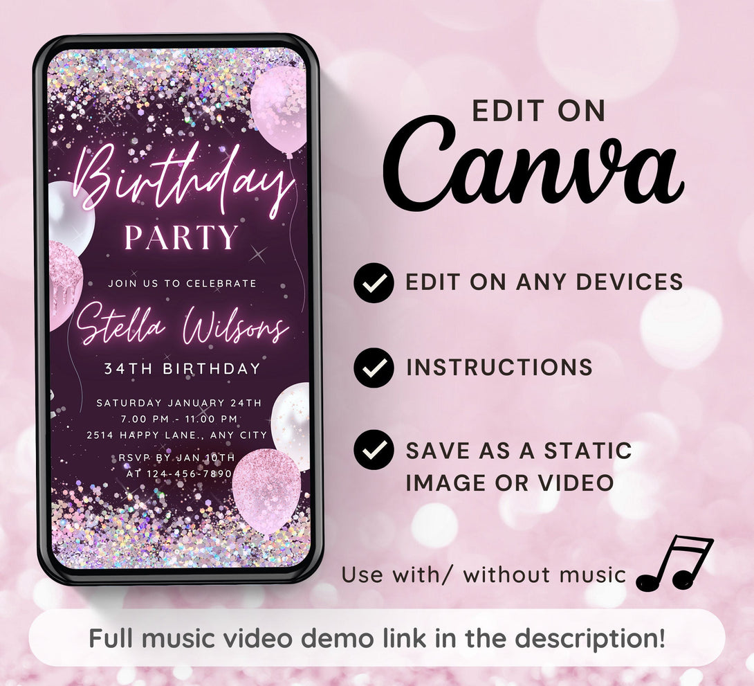 Pink Balloons Neon Birthday Party Invitation, Animated Birthday Party Invite, Editable Bday Dinner, Video Colorful Glitter Digital e-vite - Visley Printables