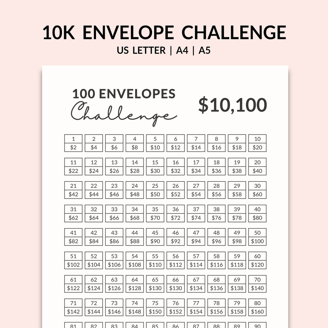 Printable 100 Envelope Challenge, 10,000 Savings Challenge Tracker, Save 10k 10000 Dollar, Money Challenge, PDF, Instant Download - Visley Printables