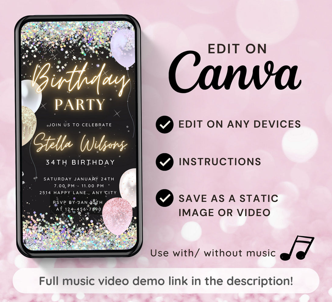 Rainbow Birthday Party Invitation, Animated Birthday Party Invite, Editable Bday Dinner, Video Sweet Cute Colorful Glitter Balloon Digital - Visley Printables