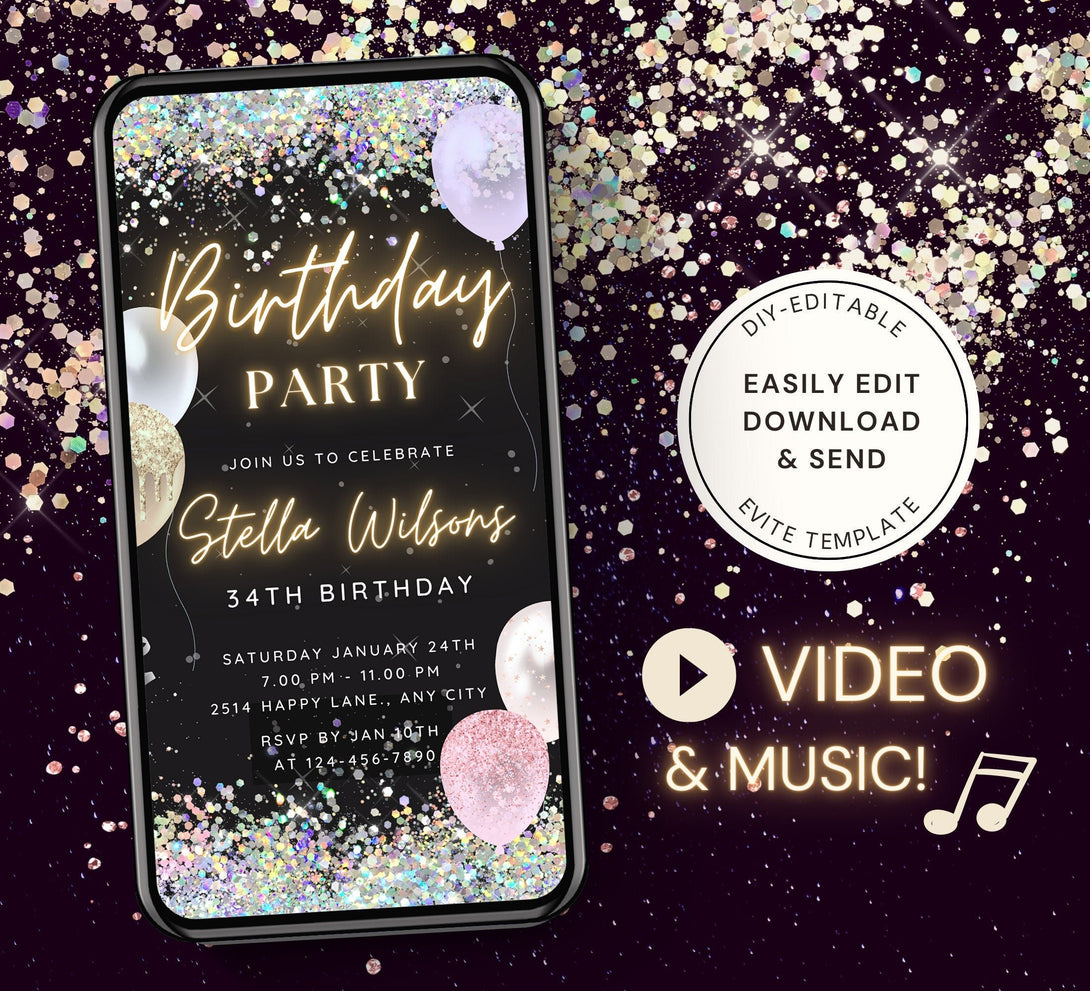 Rainbow Birthday Party Invitation, Animated Birthday Party Invite, Editable Bday Dinner, Video Sweet Cute Colorful Glitter Balloon Digital - Visley Printables