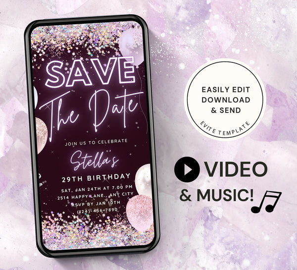 Save The Date Sparkle Glitter Party Invitation, Animated Birthday Party Invite, Editable Electronic Bday, Purple Video Neon Digital e-vite - Visley Printables