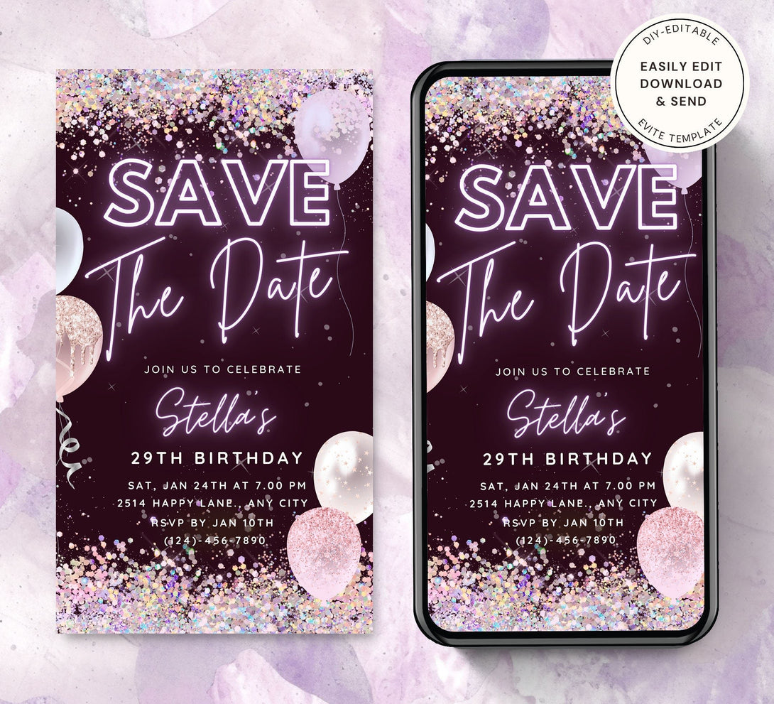 Save The Date Sparkle Glitter Party Invitation, Animated Birthday Party Invite, Editable Electronic Bday, Purple Video Neon Digital e-vite - Visley Printables