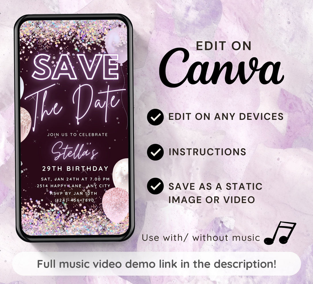 Save The Date Sparkle Glitter Party Invitation, Animated Birthday Party Invite, Editable Electronic Bday, Purple Video Neon Digital e-vite - Visley Printables