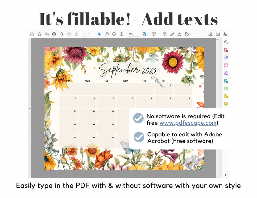 September 2023 Calendar Printable Planner Beautiful Vintage Flowers Month of Sep Calendar Planner Insert Template Colorful Fall - Download - Visley Printables