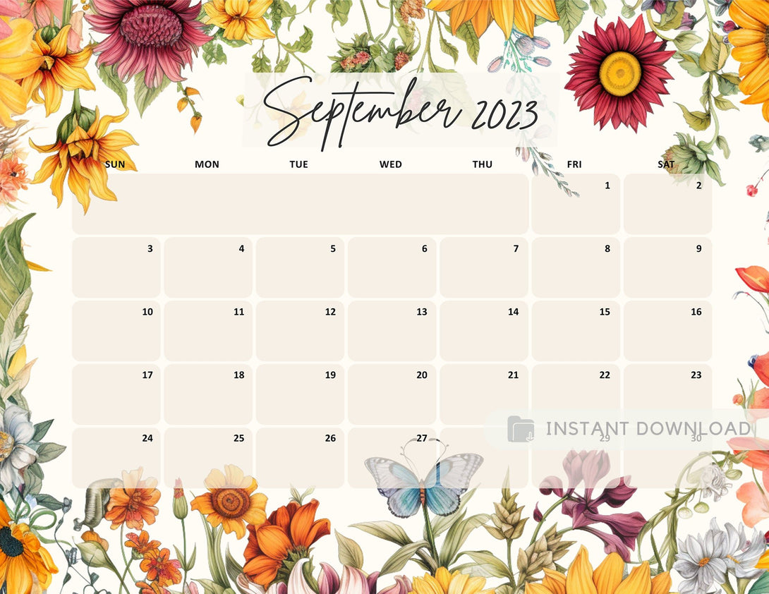 September 2023 Calendar Printable Planner Beautiful Vintage Flowers Month of Sep Calendar Planner Insert Template Colorful Fall - Download - Visley Printables