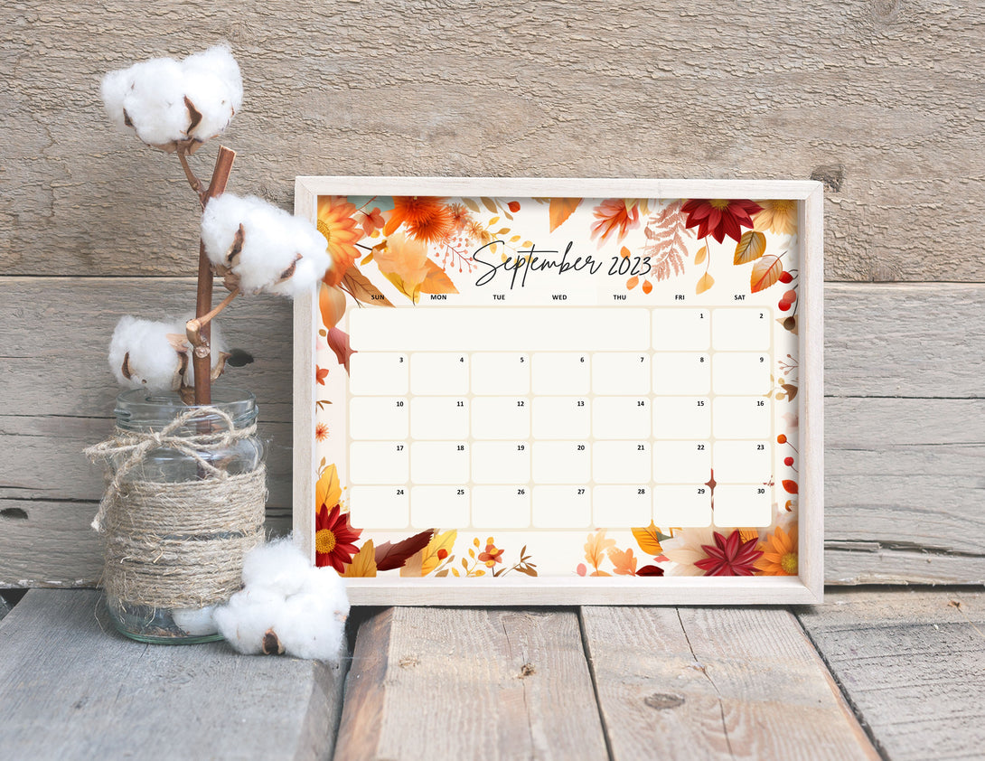 September 2023 Calendar Printable Planner Beautiful Vintage Flowers Month of Sep Calendar Planner Insert Template Colorful Leave - Download - Visley Printables