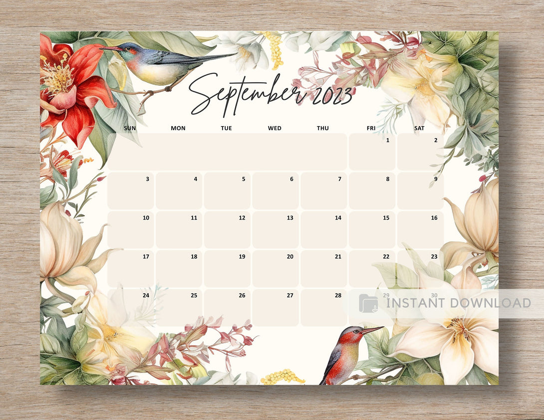 September 2023 Calendar Printable Planner Beautiful Vintage Flowers Month of Sep Calendar Planner Insert Template Cute Bird - Download - Visley Printables
