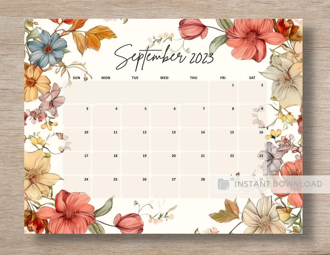 September 2023 Calendar Printable Planner Beautiful Vintage Flowers Month of Sep Calendar Planner Insert Template Cute Botanical - Download - Visley Printables