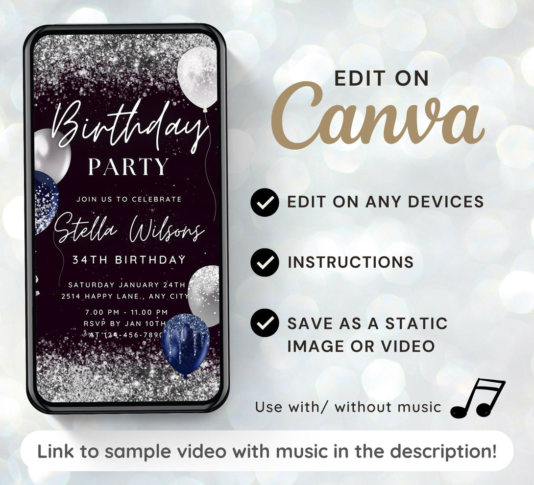 Silver and Black Birthday Party Invitation, Video Birthday Party Invite, Editable Bday Dinner, Animated Classy Black Night Digital e-vite - Visley Printables